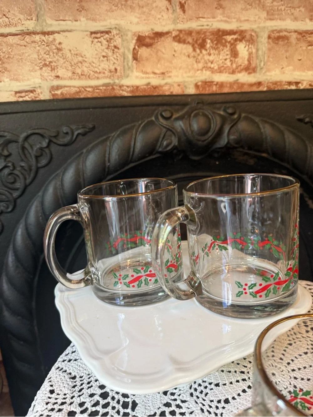 Vtg Libbey Holly Ribbon Christmas Clear Glass Mugs Gold Rim 12 Ounce Set f 4 USA